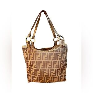 Rare FENDI 8BH156 Zucca Shoulder Tote – Bamboo Stripe Trim – Excellent Condition